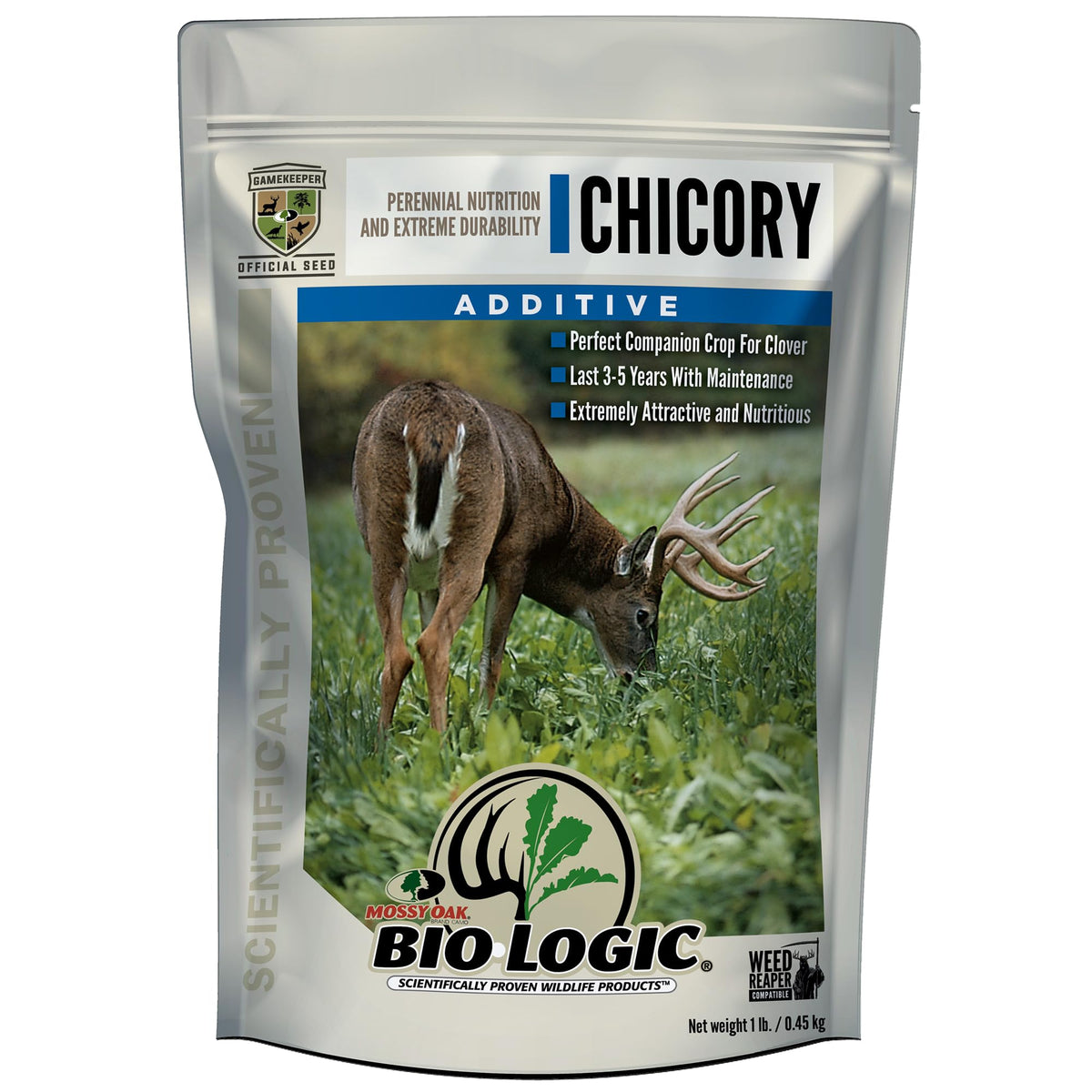 BioLogic Chicory Food Plot Additive bag shown for enhanced forage quality.