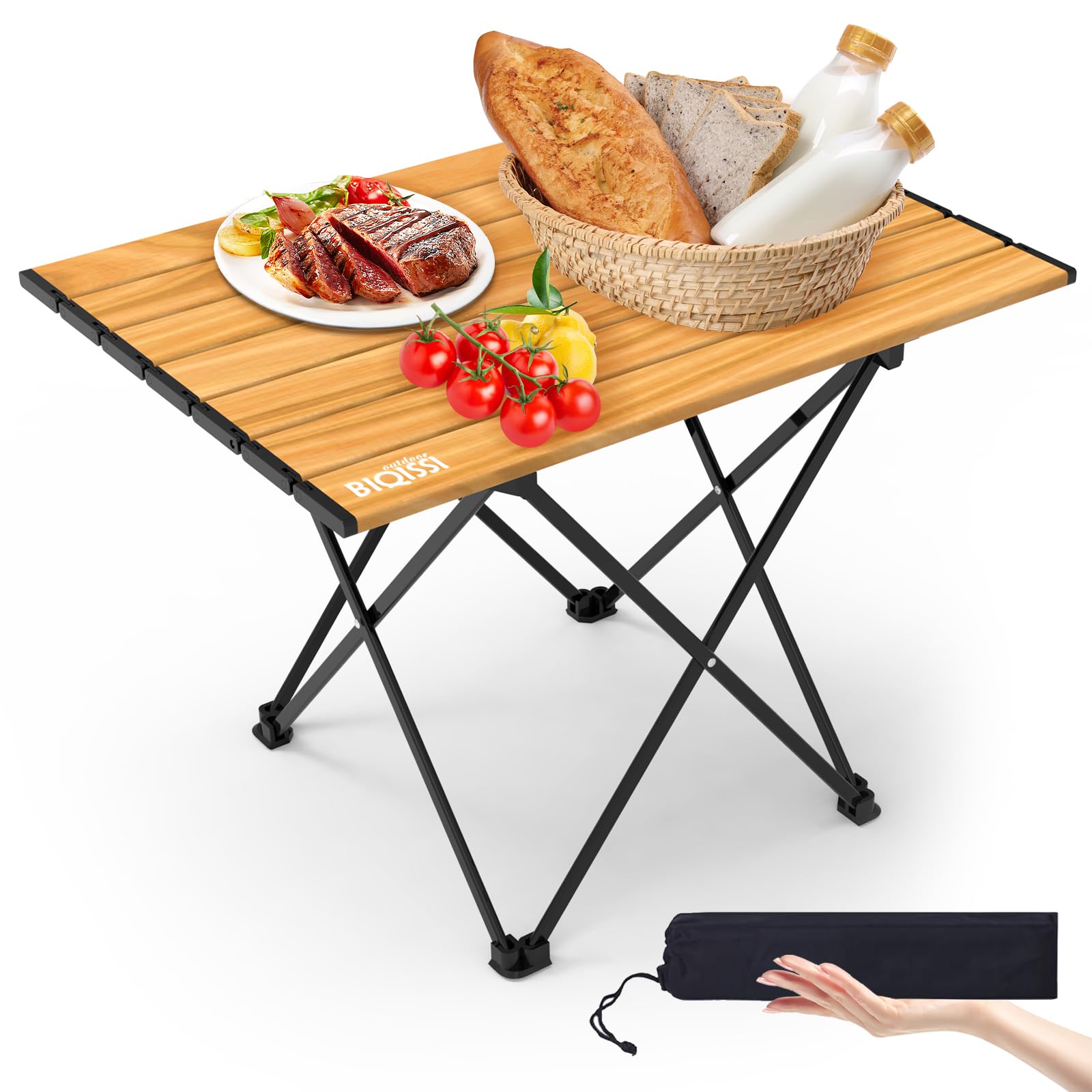 Biqissi camping table base setup shows quick assembly for easy outdoor meals.