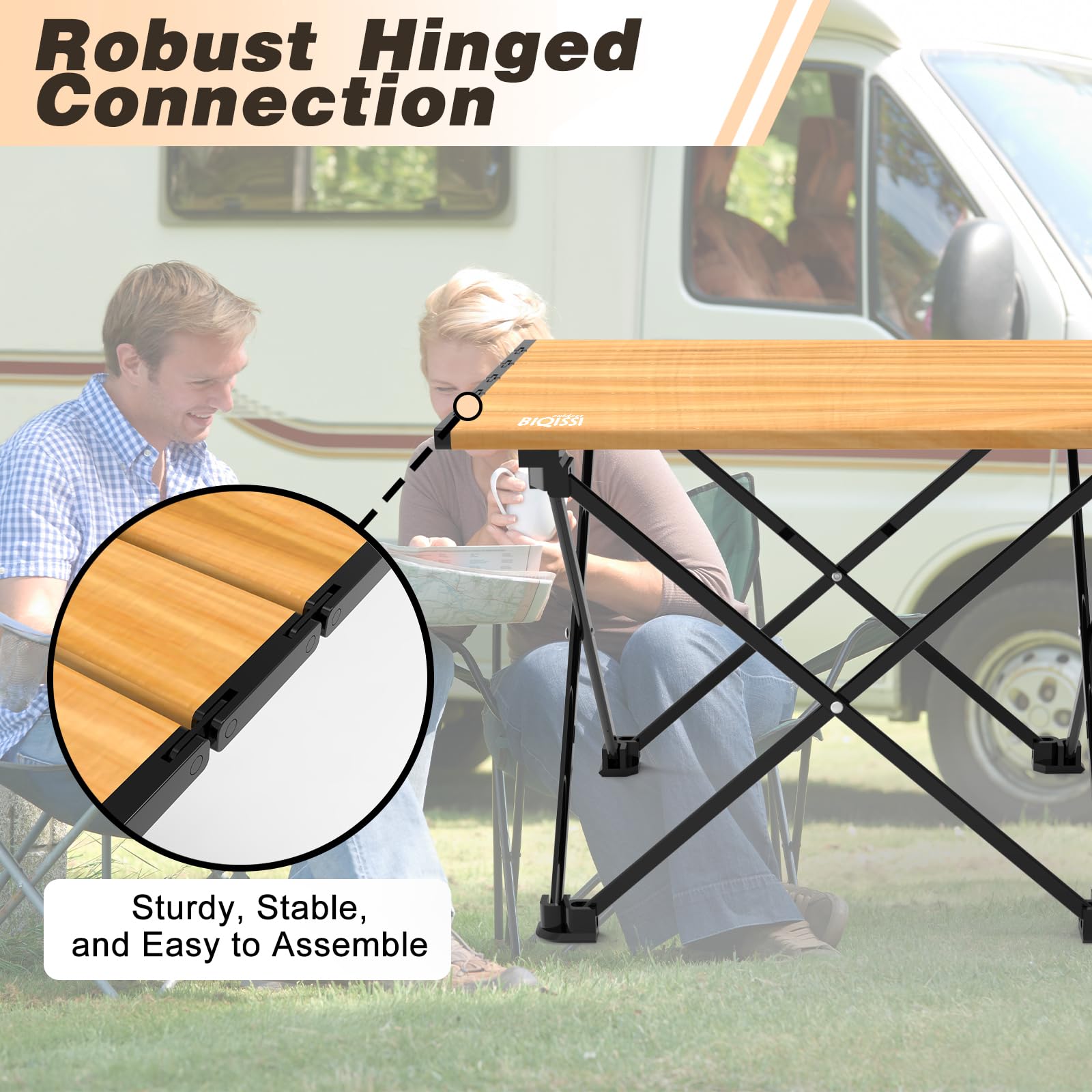Biqissi camping table on beach sand highlights compact, lightweight design.