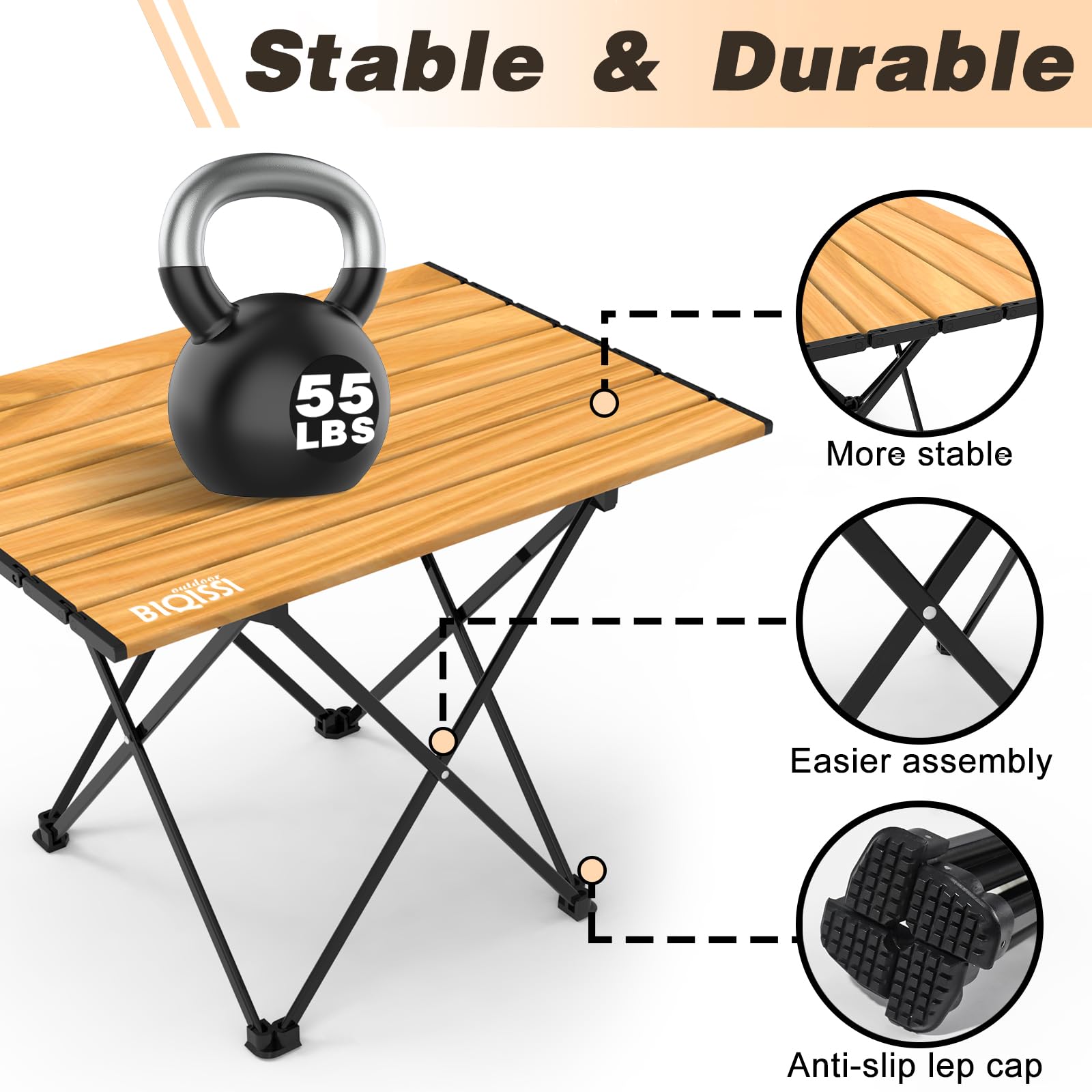 Biqissi camping table sturdy legs provide stable surface on varied terrain.