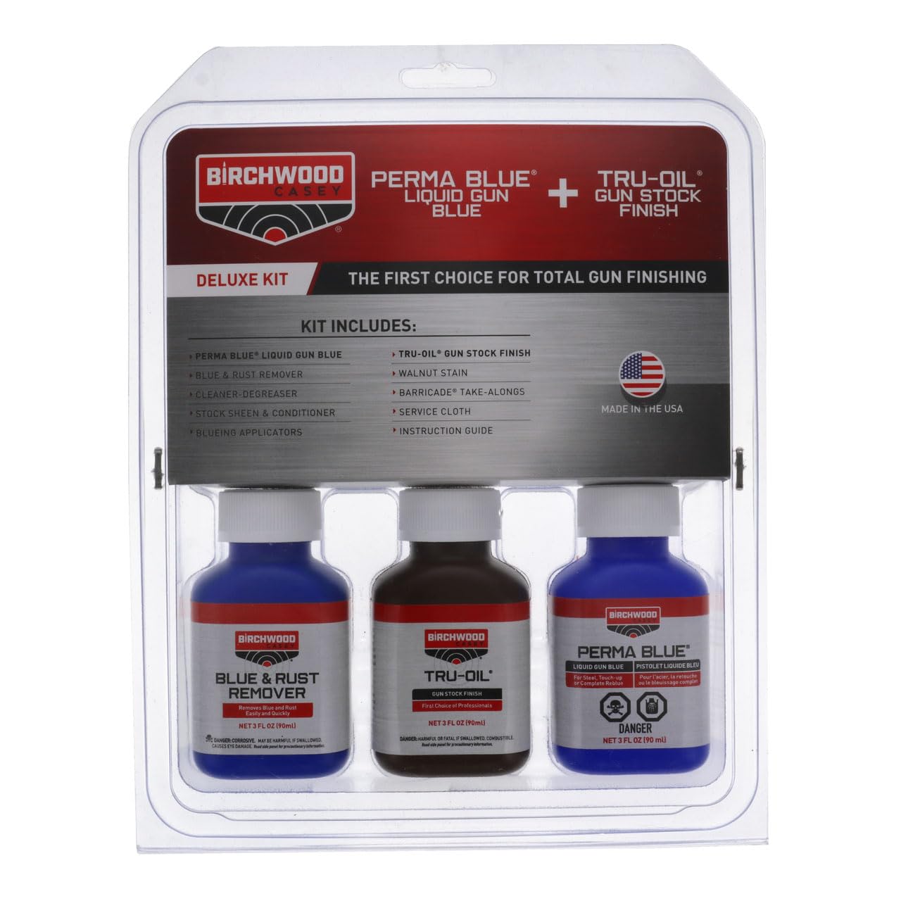 Contents include Perma Blue, Tru-Oil, cleaner-degreaser, walnut stain and more