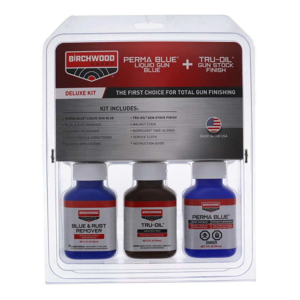 Contents include Perma Blue, Tru-Oil, cleaner-degreaser, walnut stain and more