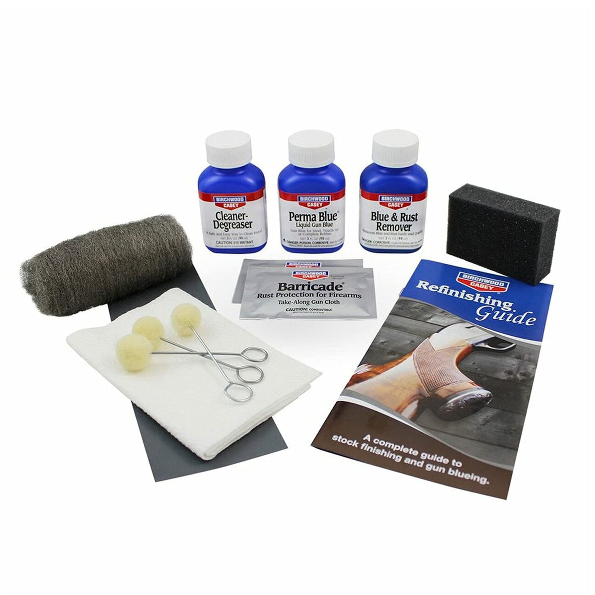Birchwood Casey Perma Blue Liquid Gun Blue Kit bottle, applicators and cloths