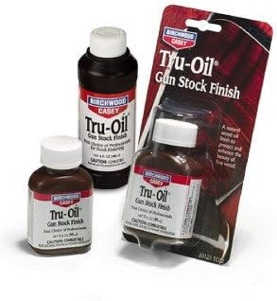 Birchwood Casey Tru-Oil bottle, front view, ideal for gun stock refinishing and protection.