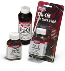 Birchwood Casey Tru-Oil bottle, front view, ideal for gun stock refinishing and protection.