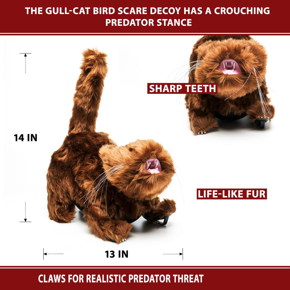 BirdBusters brown cat decoy on patio reduces bird visits