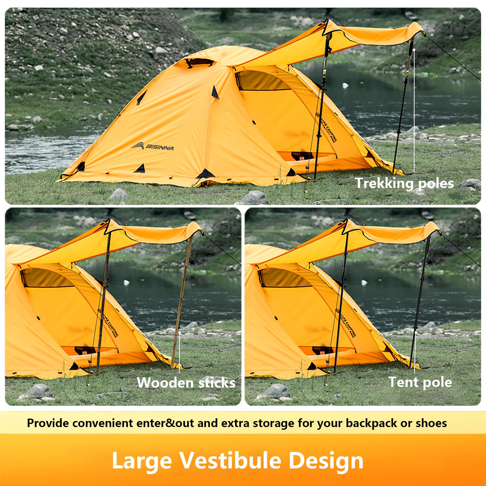 BISINNA 4-Season Tent pack size shows compact, backpack-friendly carry.