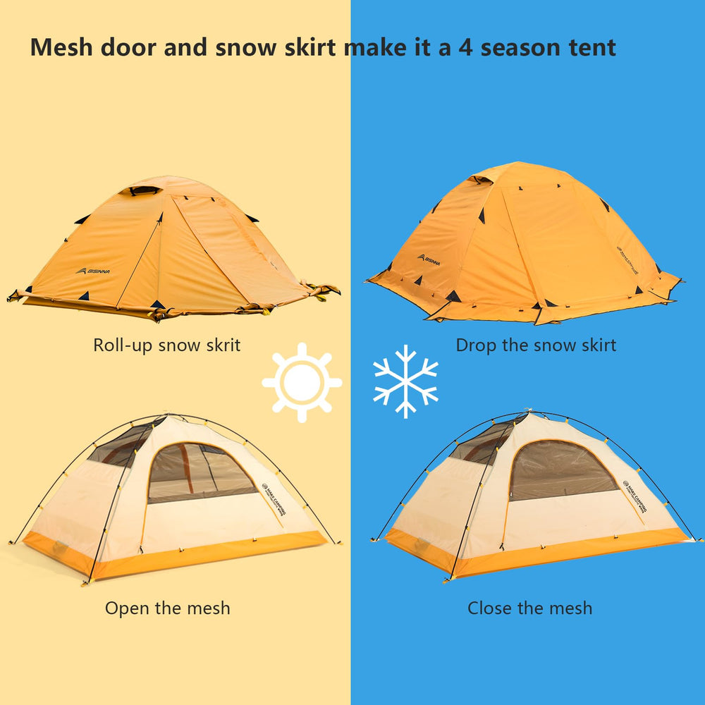 BISINNA 4-Season Tent snow skirt highlights dry interior in cold, snowy nights.
