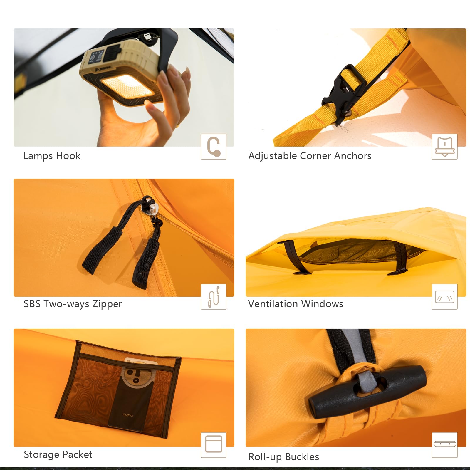 BISINNA 4-Season Tent ventilation shows dual doors and windows for fresh air.