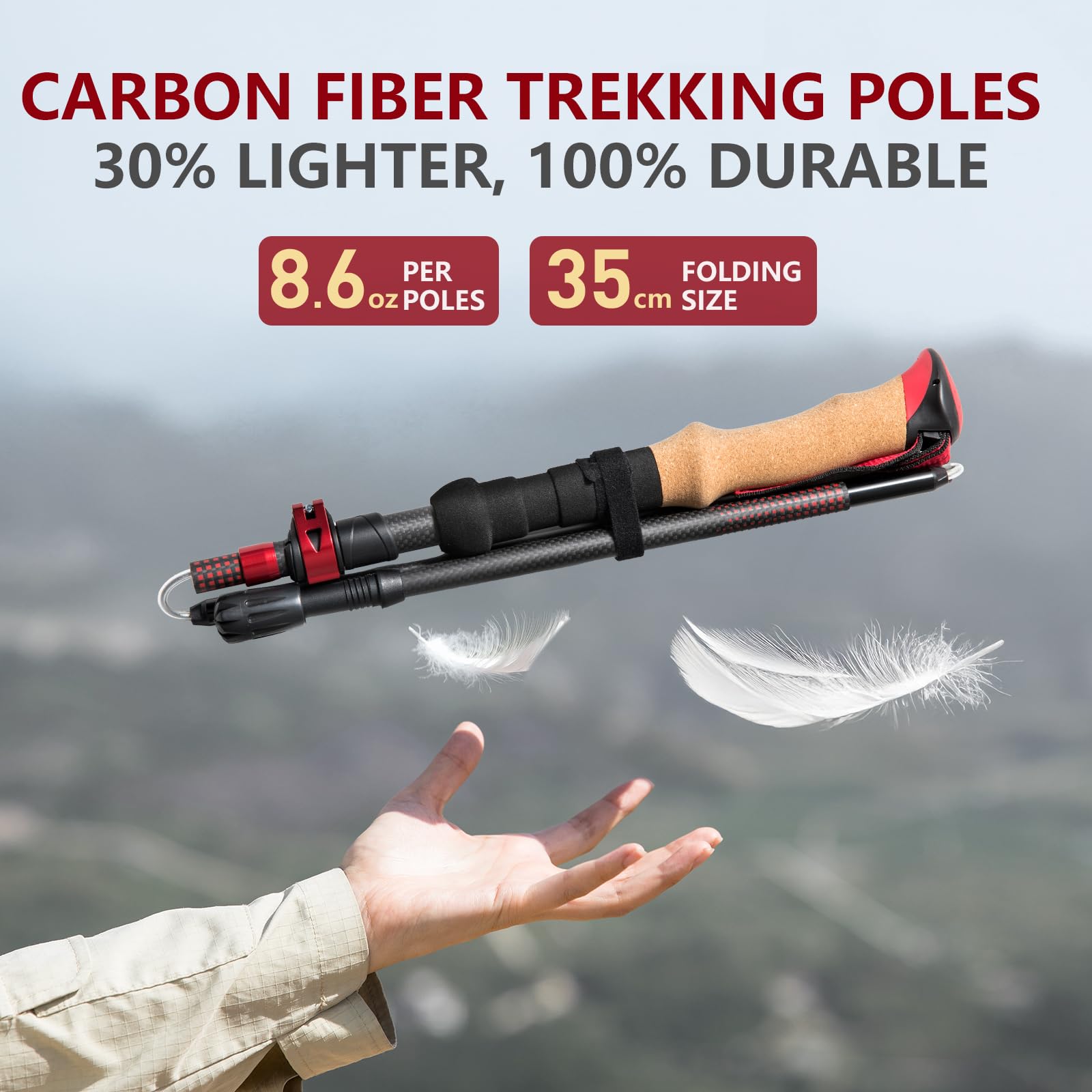 BISINNA carbon fiber trekking poles extended to full height for stable hiking.
