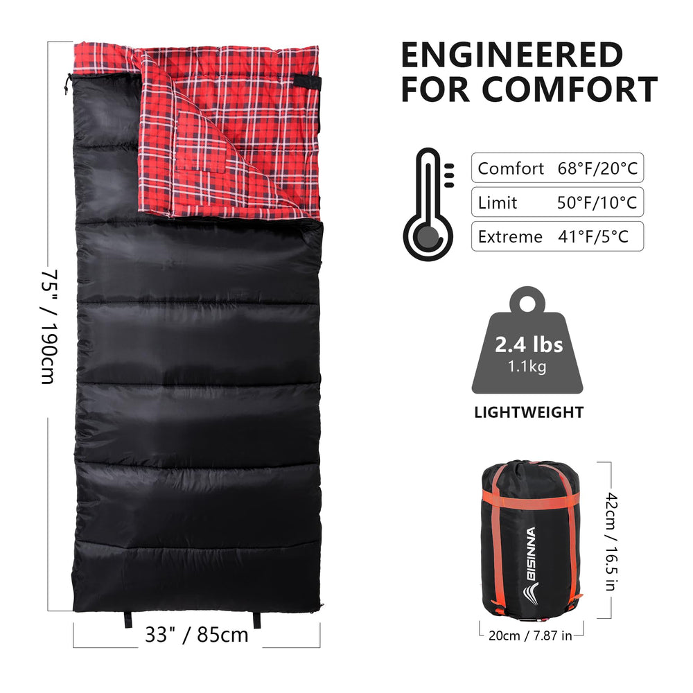 BISINNA cotton flannel sleeping bag inside lining provides soft warmth and skin-friendly feel.