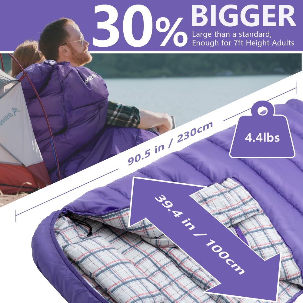BISINNA Flannel XXL sleeping bag extra-large space for adults and kids on adventures.