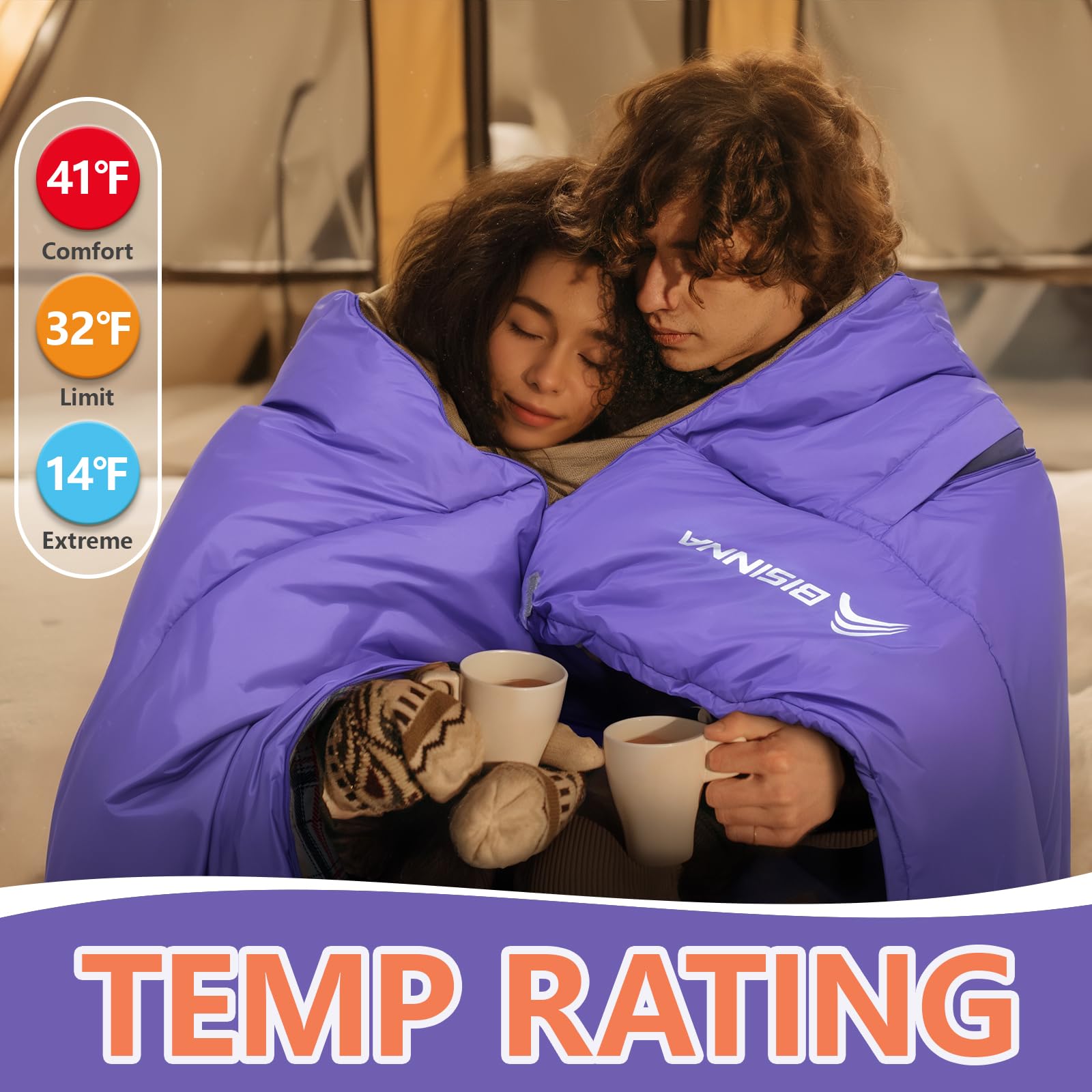 BISINNA Flannel XXL sleeping bag waterproof-coated ripstop exterior protects against moisture.
