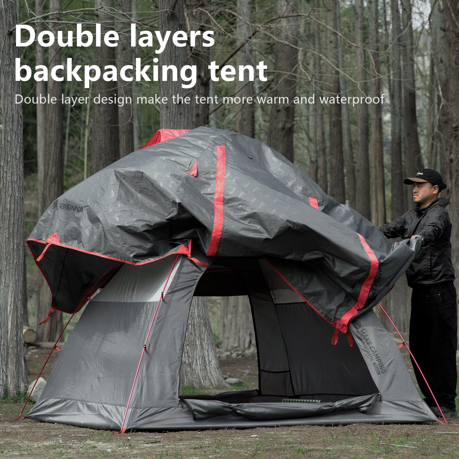 BISINNA 2-person tent with door open, highlighting spacious interior and access.