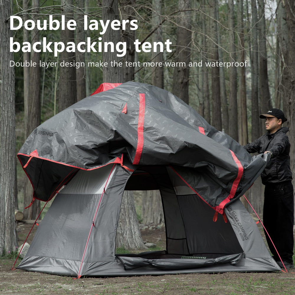 BISINNA 2-person tent with door open, highlighting spacious interior and access.
