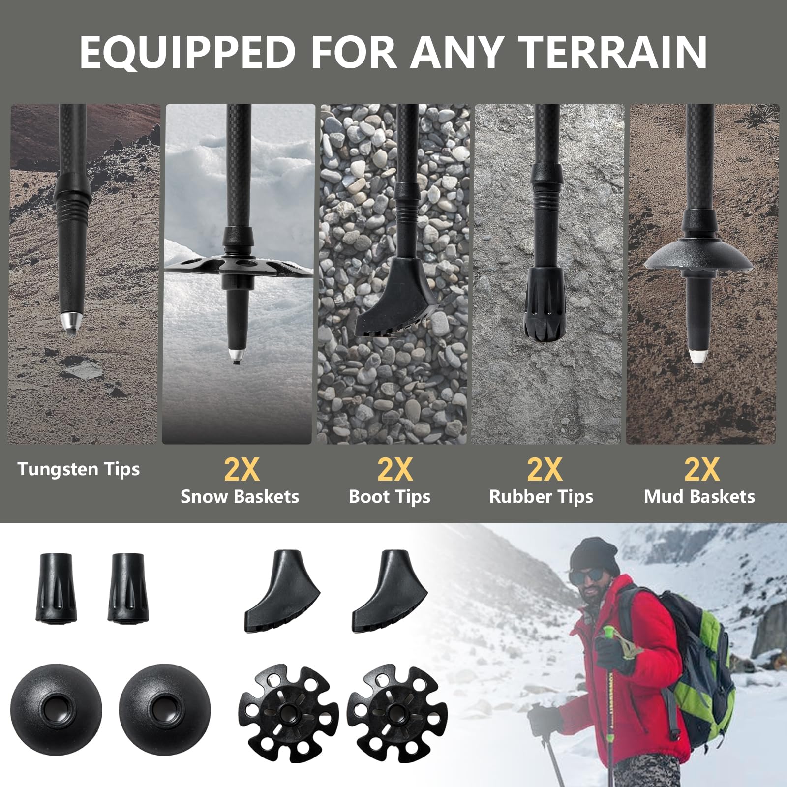BISINNA mud and snow baskets included for all-season hikes.