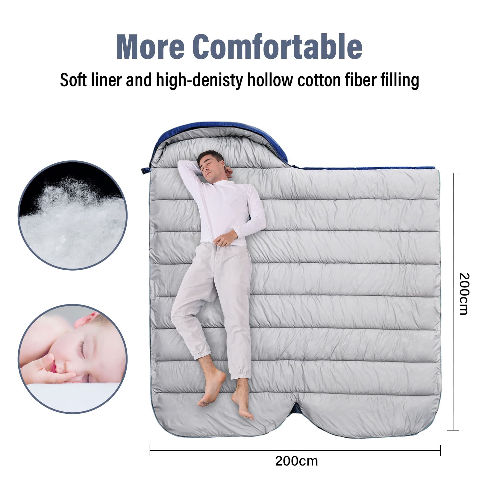 BISINNA XXL sleeping bag 230x100cm provides ample room for tall campers