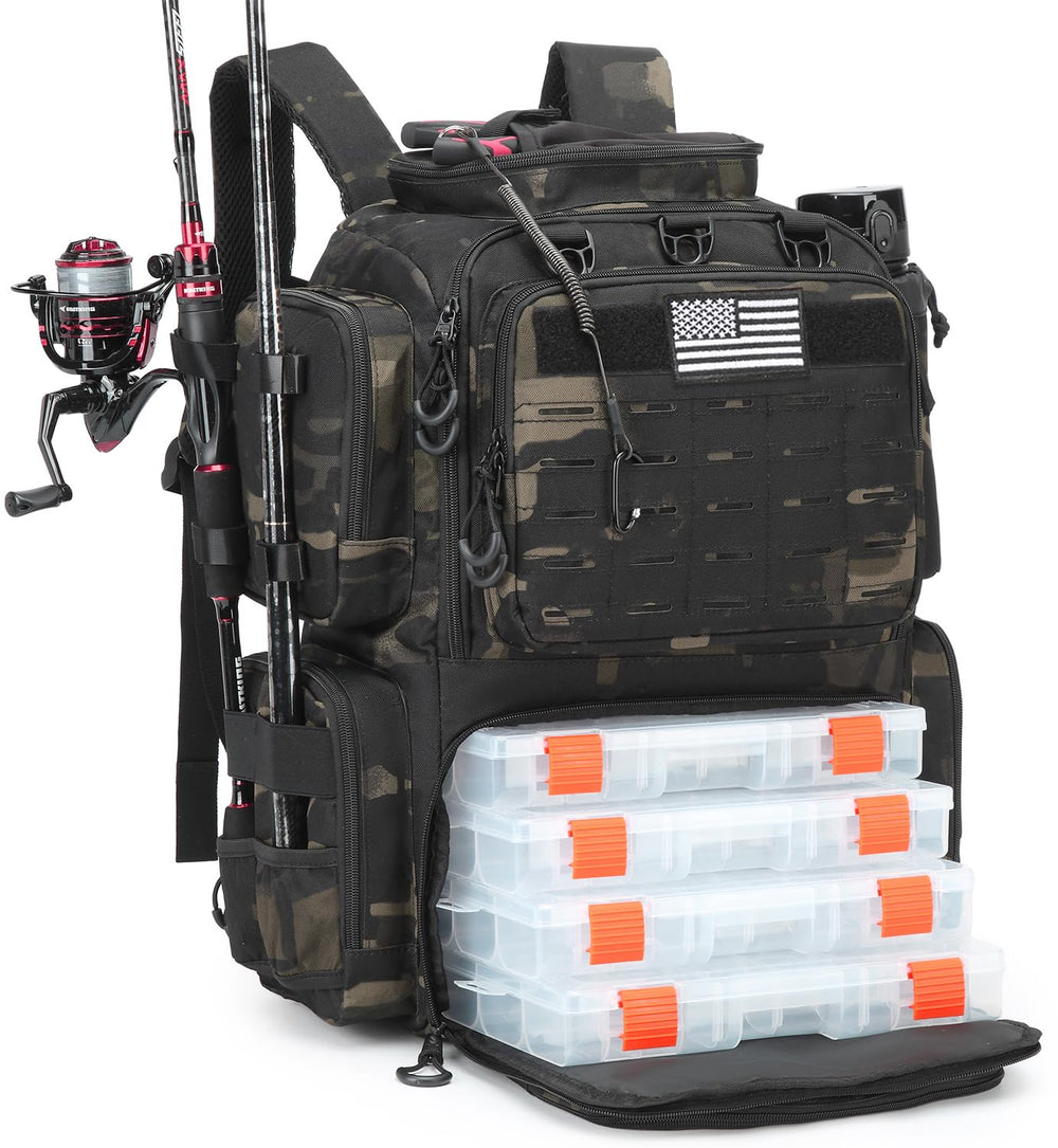 BISKLNDN tactical fishing backpack front view with quick-access pockets for gear.