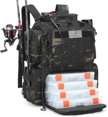 BISKLNDN tactical fishing backpack front view with quick-access pockets for gear.