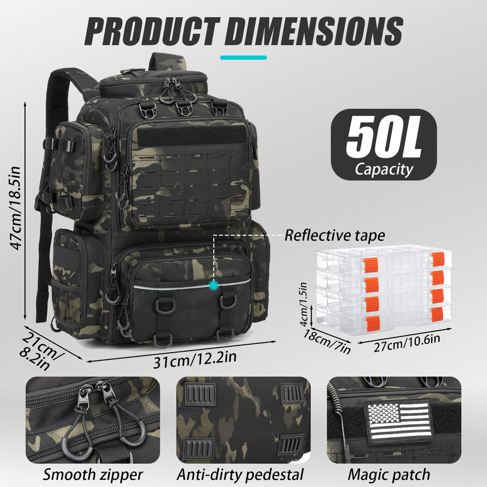 BISKLNDN tactical fishing backpack main compartment open view showing 50L capacity for organized gear.