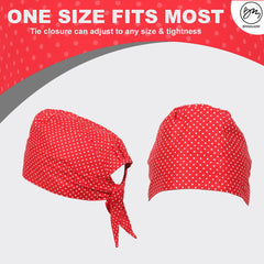Close-up of BISMAADH patka durag showing the red polka-dot pattern.