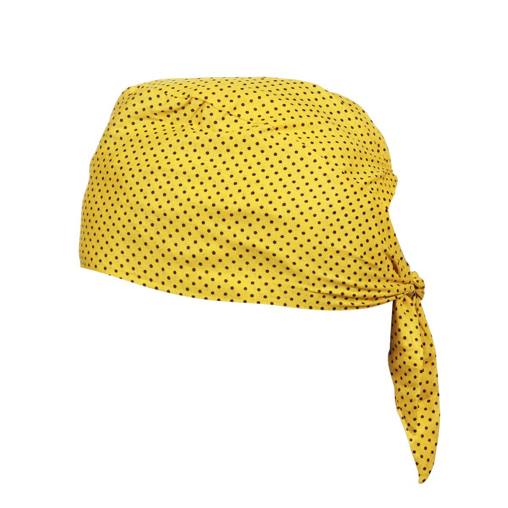 BISMAADH patka durag in yellow polka dot protects hair while adding casual style.