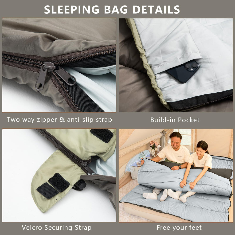 BISINNA camping setup with sleeping bag ready for two-person use.