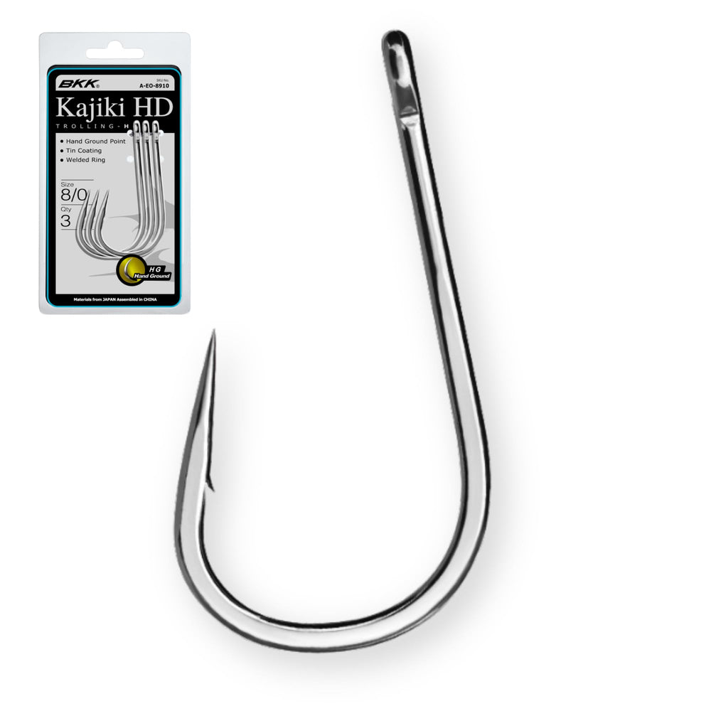 BKK Kajiki HD trolling hook 10/0 with bright-tin coating for strong hooksets.