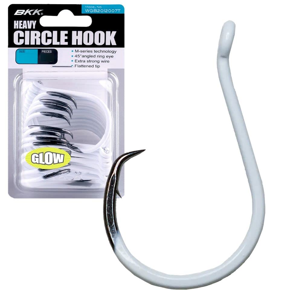 BKK Offset Heavy Circle Glow Hook 9/0 glow-paint on shank improves low-light visibility.