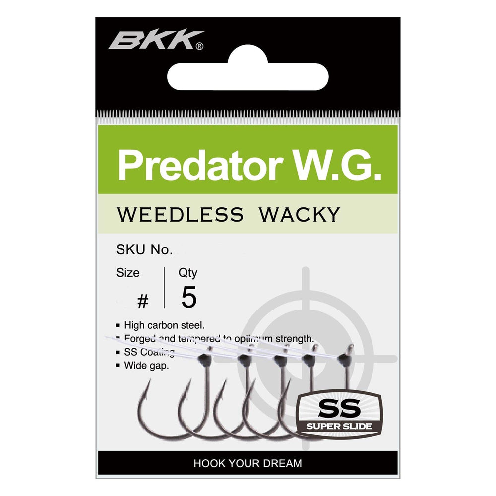 BKK Predator W.G. weedless hooks in pack of five for versatile setups.
