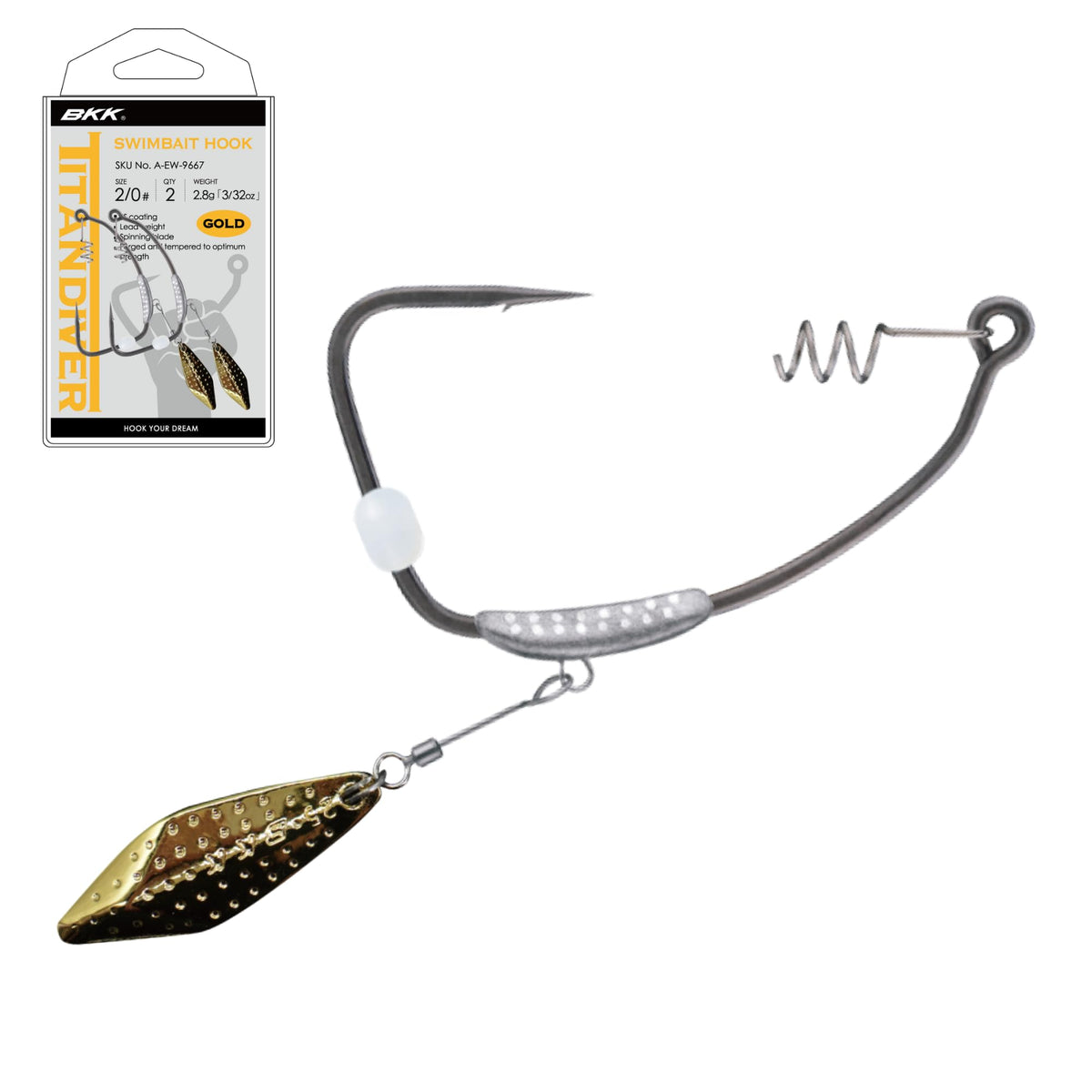 Front view of BKK TITANDIVER Gold Swimbait Hook 3/0 1/16oz 2-Pack