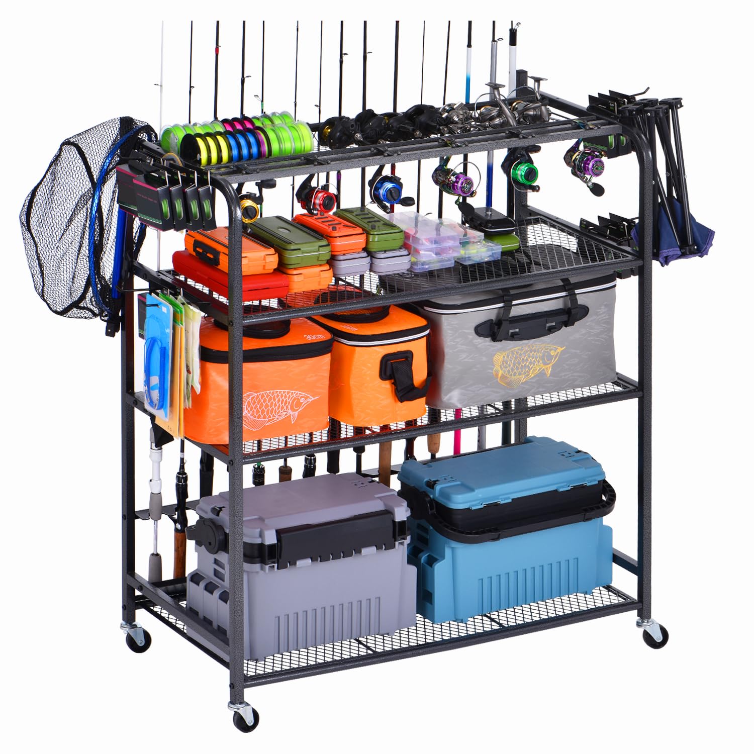 Bknius 4-tier fishing rod holder in black metal with wheels