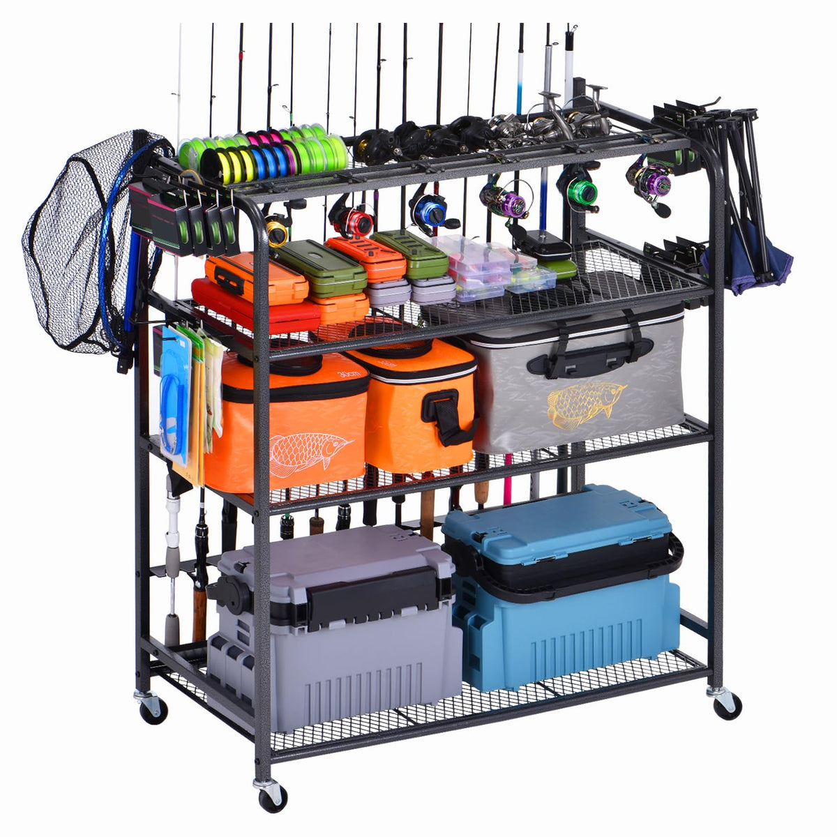 Bknius 4-tier fishing rod holder in black metal with wheels