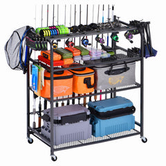 Bknius 4-tier fishing rod holder in black metal with wheels