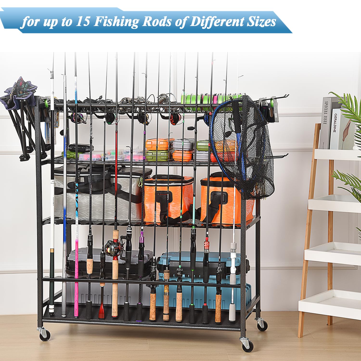 Roomy rod organizer showing multiple fishing poles and gear