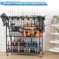 Roomy rod organizer showing multiple fishing poles and gear
