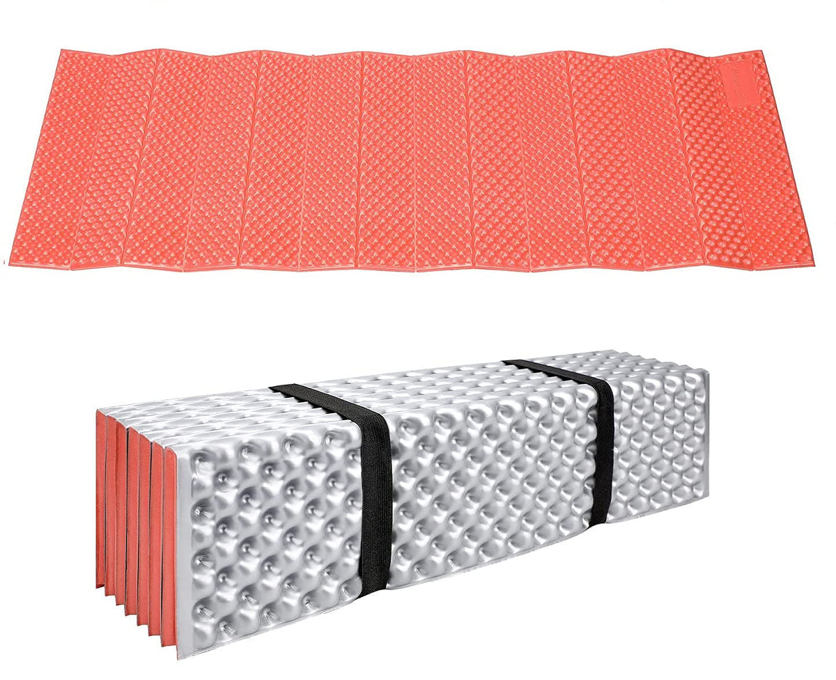 BKS Foam backpacking sleeping pad folded compact for easy transport.