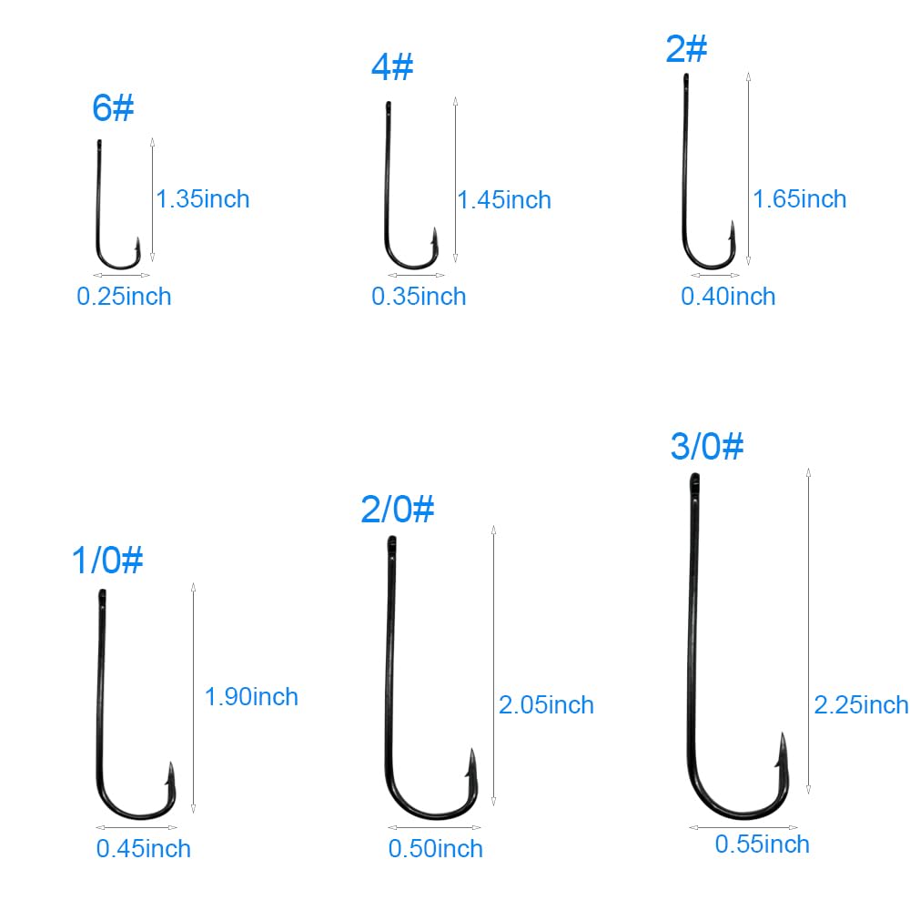 Aberdeen offset hooks sizes 6#, 4#, 2#, 1/0#, 2/0#, 3/0# showing long shank