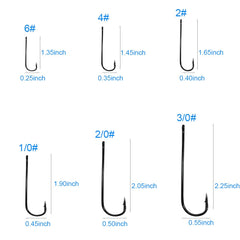Aberdeen offset hooks sizes 6#, 4#, 2#, 1/0#, 2/0#, 3/0# showing long shank