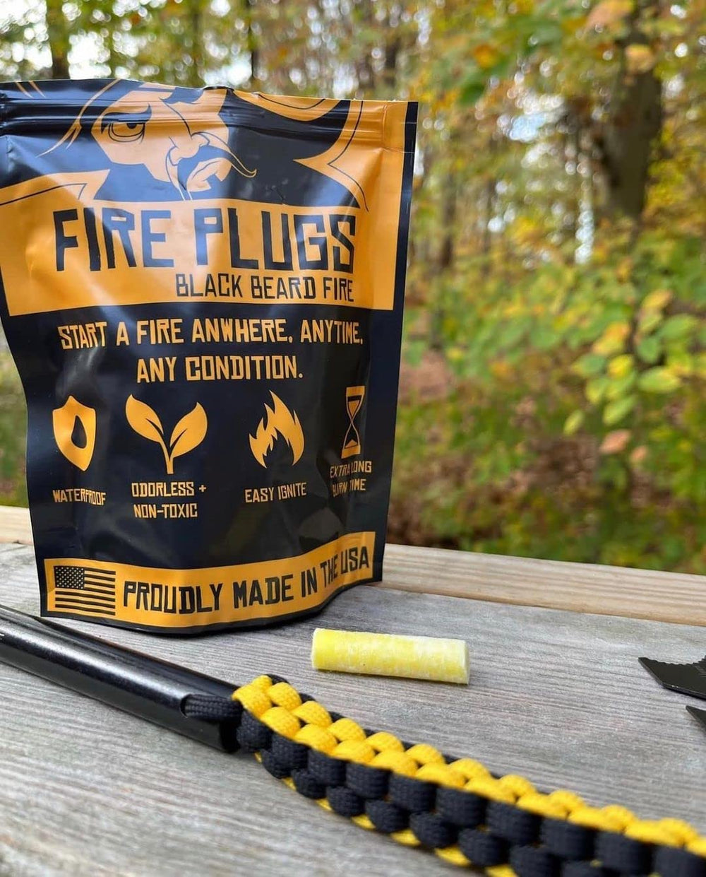 Black Beard fire-starting kit in use on camping trip.