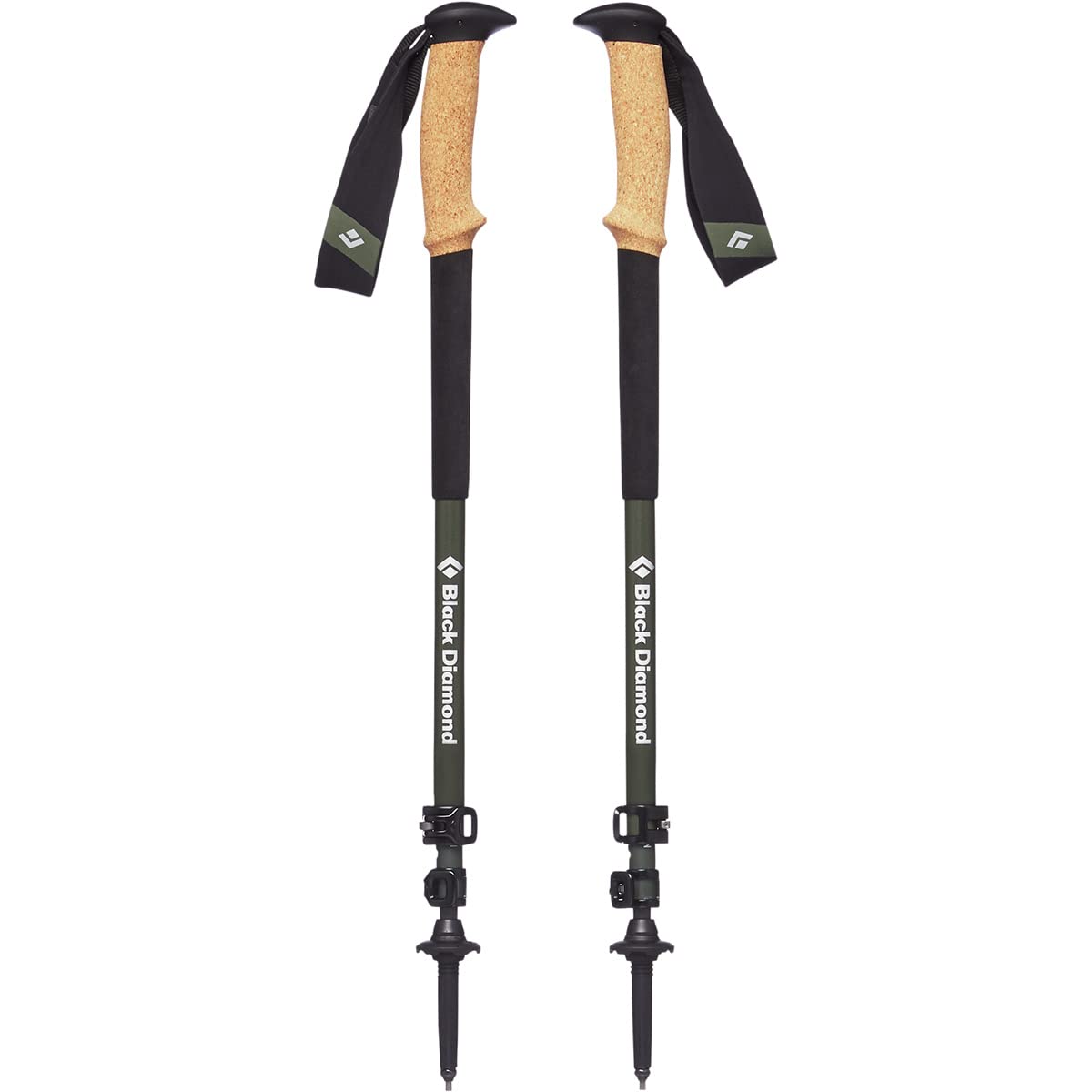 BLACK DIAMOND Alpine carbon cork trekking poles adjusted on trail for quick terrain changes