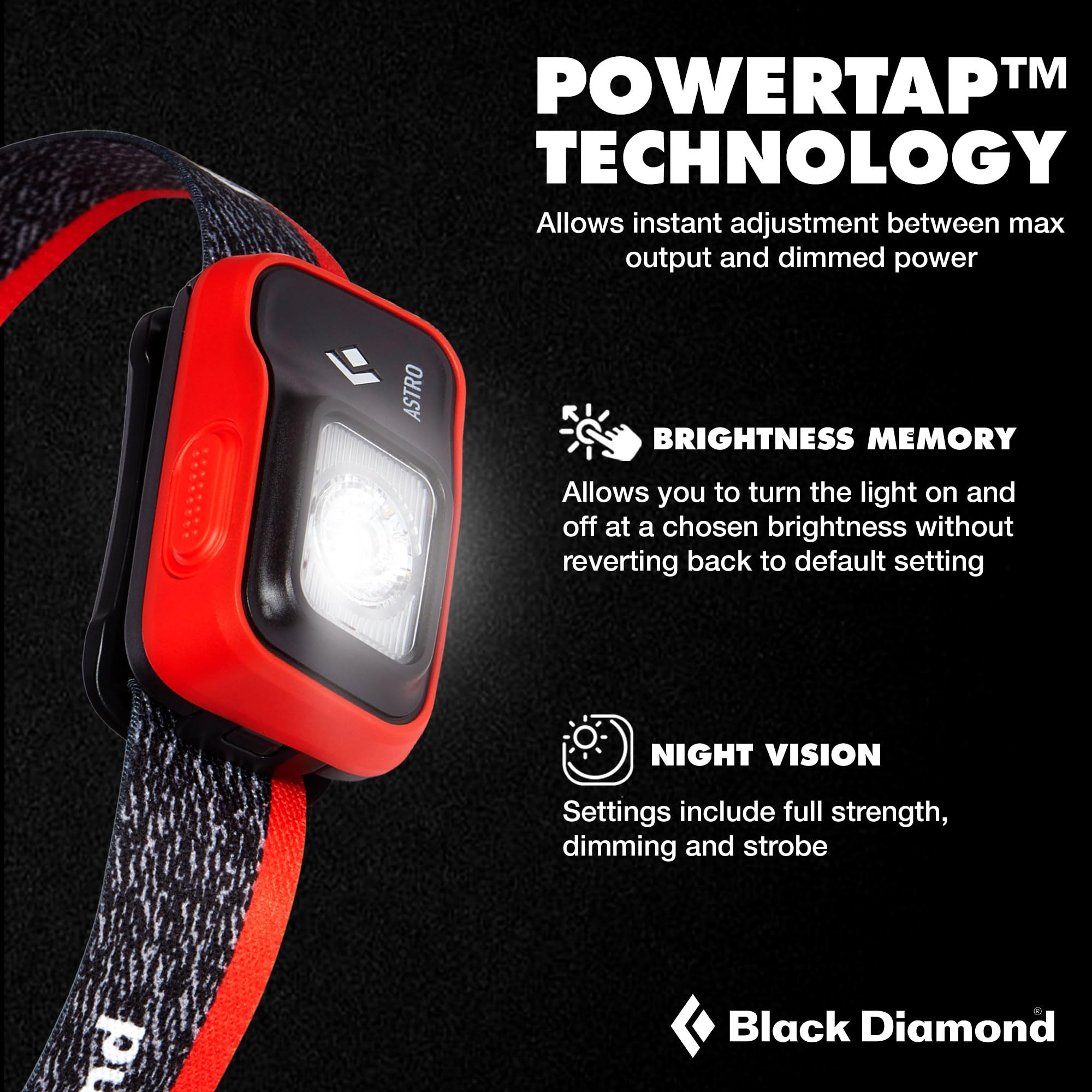 Black Diamond Astro 300 battery compartment with three AAA options for easy power.