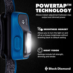 Black Diamond Astro 300 headlamp battery compartment with easy replacement in blue.