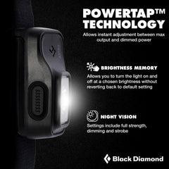 BLACK DIAMOND Astro 300 headlamp close-up controls show a simple one-button interface