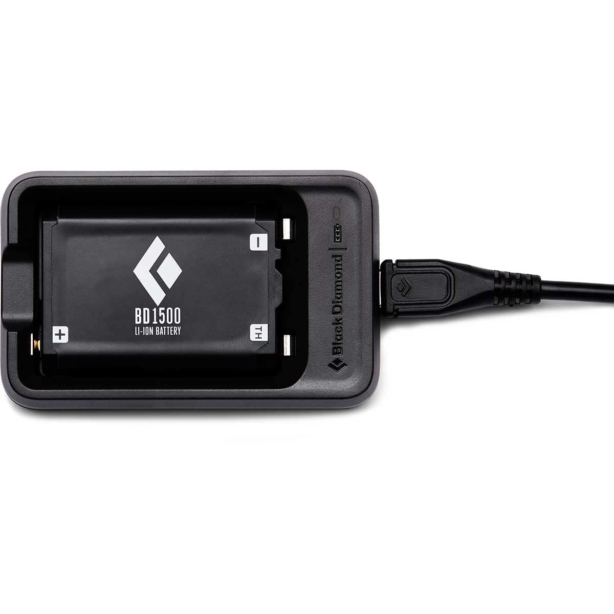 BLACK DIAMOND BD 1500 battery with micro-USB charger, quick recharge for reliable headlamp power.