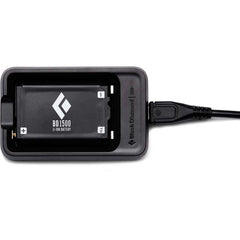 BLACK DIAMOND BD 1500 battery with micro-USB charger, quick recharge for reliable headlamp power.