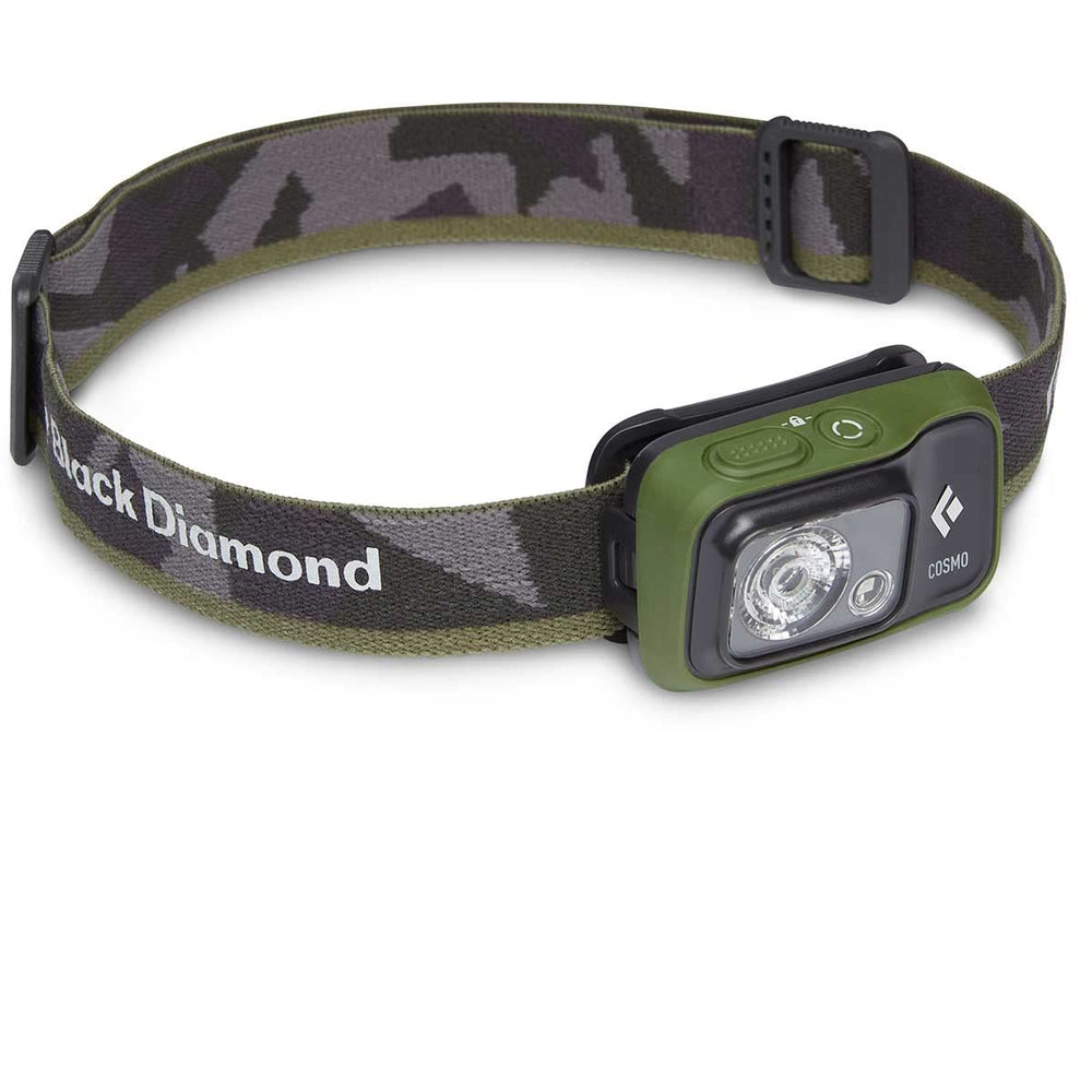 Black Diamond Cosmo 350 headlamp with batteries included for camping illumination.