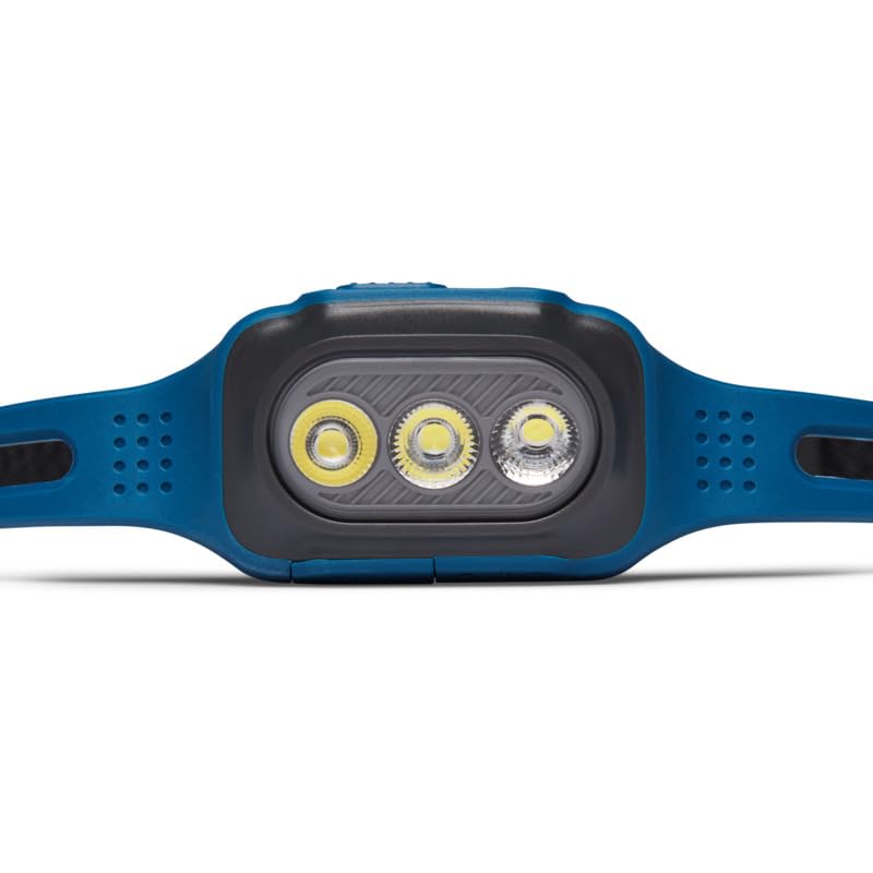 Black Diamond Deploy 325 headlamp close-up, compact design for no-bounce wear.