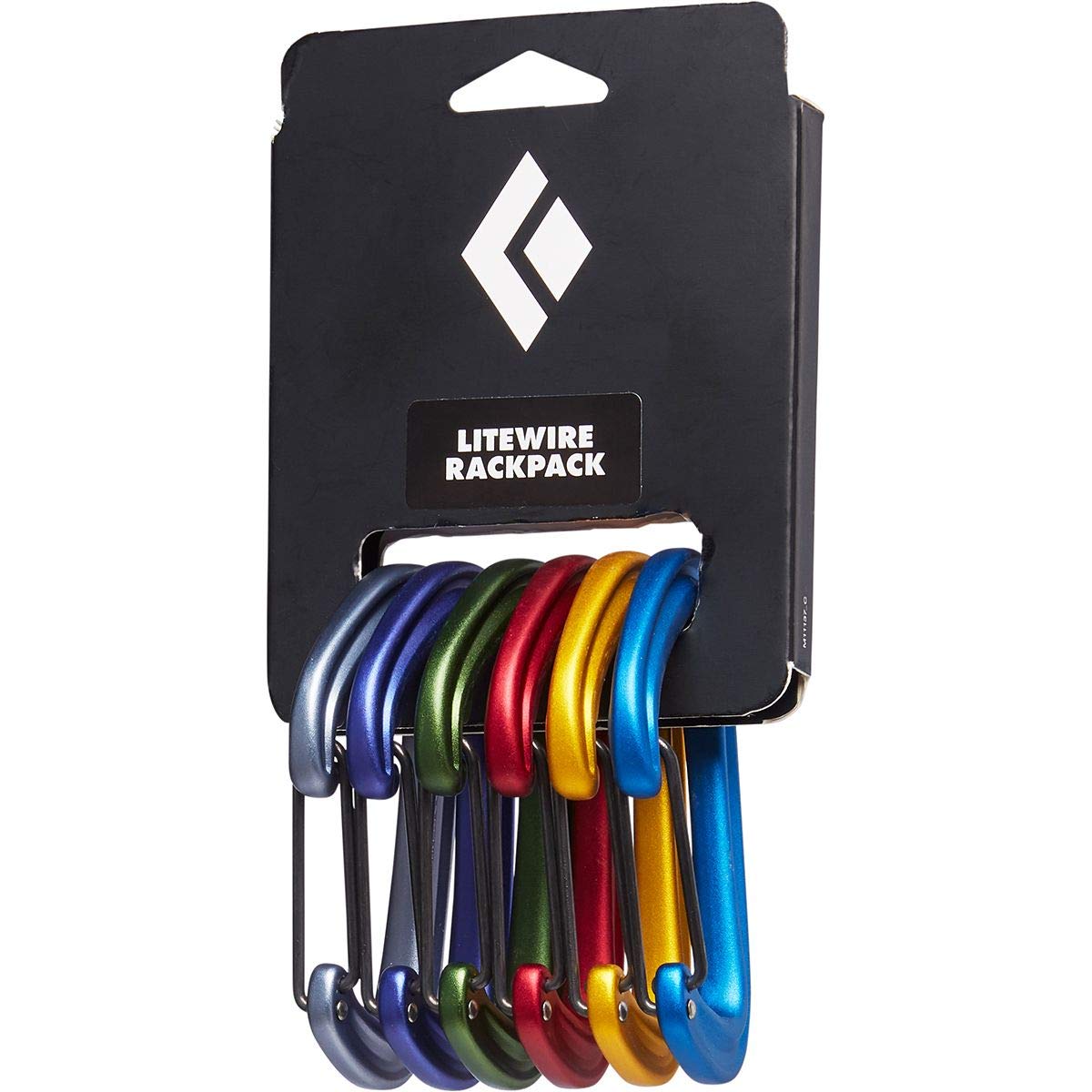 Black Diamond LiteWire Rackpack carabiners with color-coded faces for quick gear organization on trad climbs.