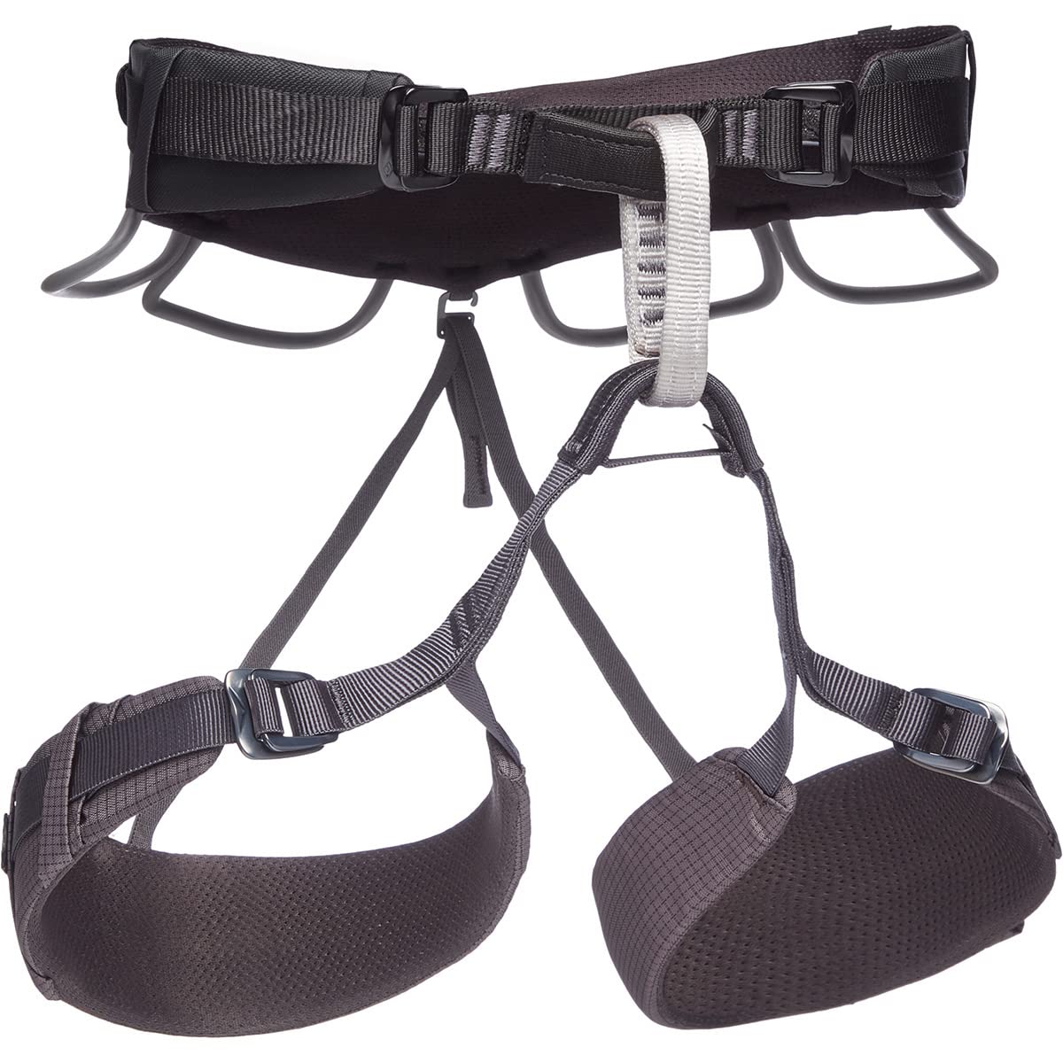 Black Diamond Momentum 4S harness front view with adjustable buckles for a secure, versatile fit